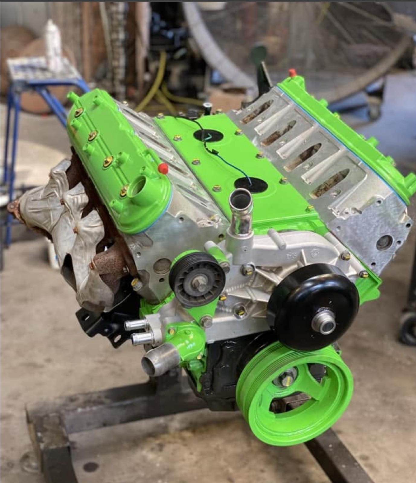 Freshly rebuilt diesel engine finished in Permann green